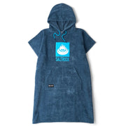 Blue hooded poncho with a logo on a white background