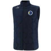Navy quilted vest with a logo on the chest against a white background