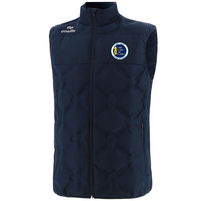 Navy quilted vest with a logo on the chest against a white background