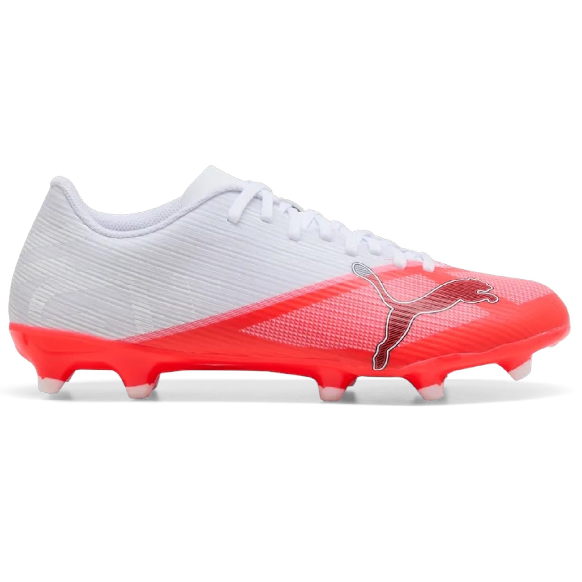 Puma soccer cleat in white and bright red, featuring a white textured upper, white laces, a red Puma cat logo on the side, and red studs on the sole, shown against a plain white background.
