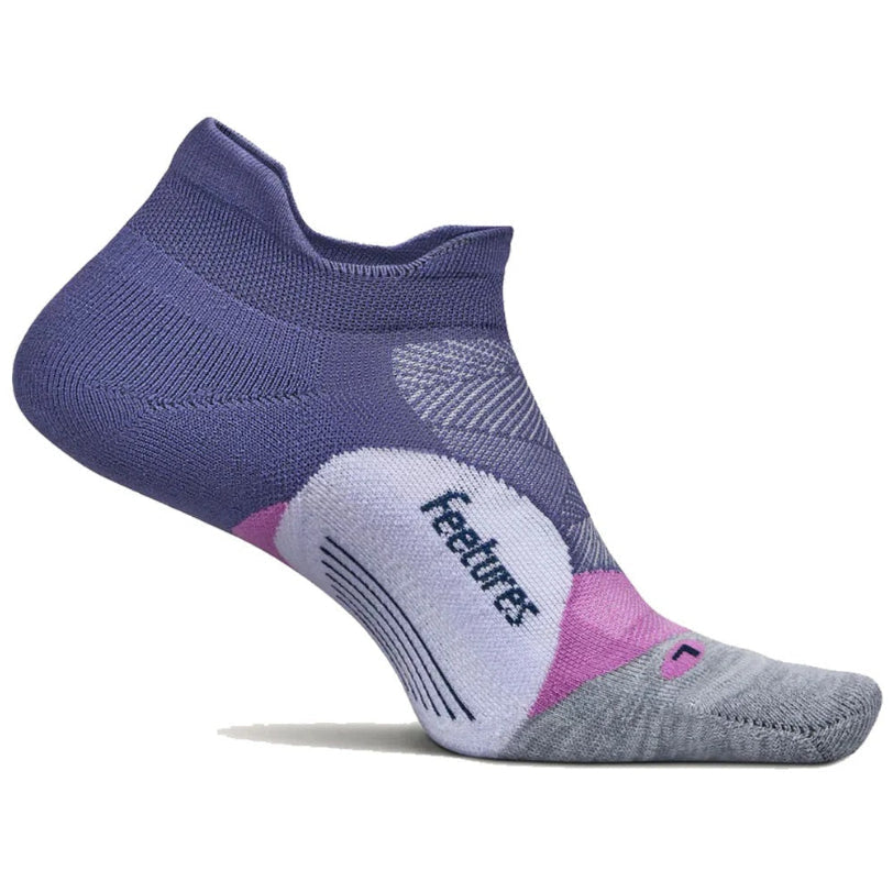 Multicolored sock with 'feetures' branding on a white background