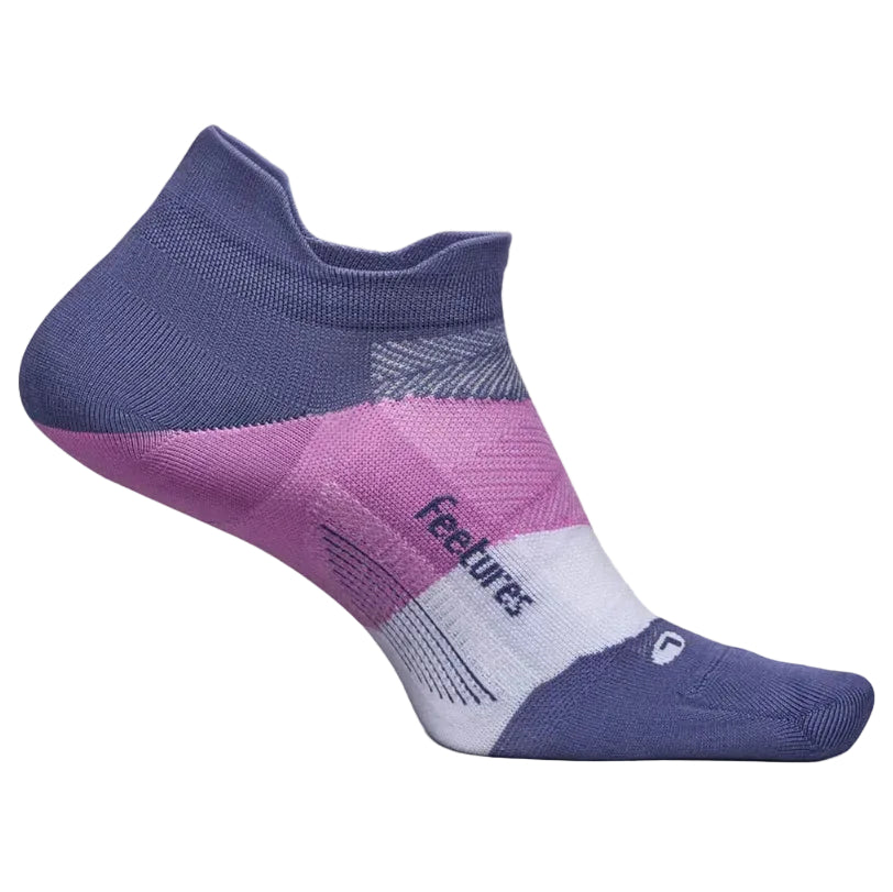 Purple and pink sock with 'Feetures' branding on a white background