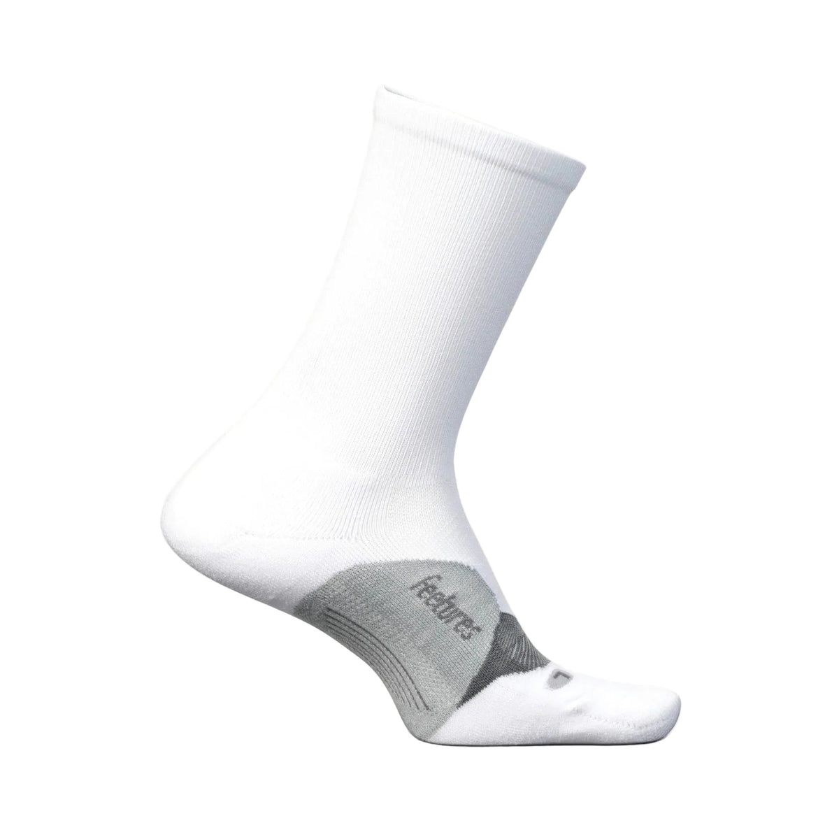 A white crew sock with a gray heel and toe section, featuring the 'feetree' brand name, shown on a light beige background.