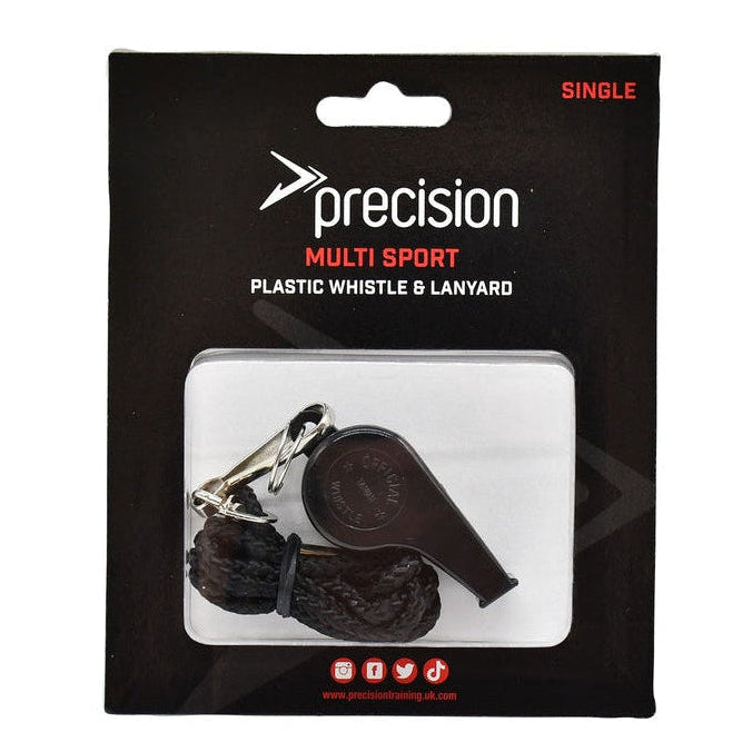 Packaged plastic whistle and lanyard with 'precision' branding on a white background