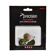 Packaged metal whistle and lanyard with 'precision' branding on a white background