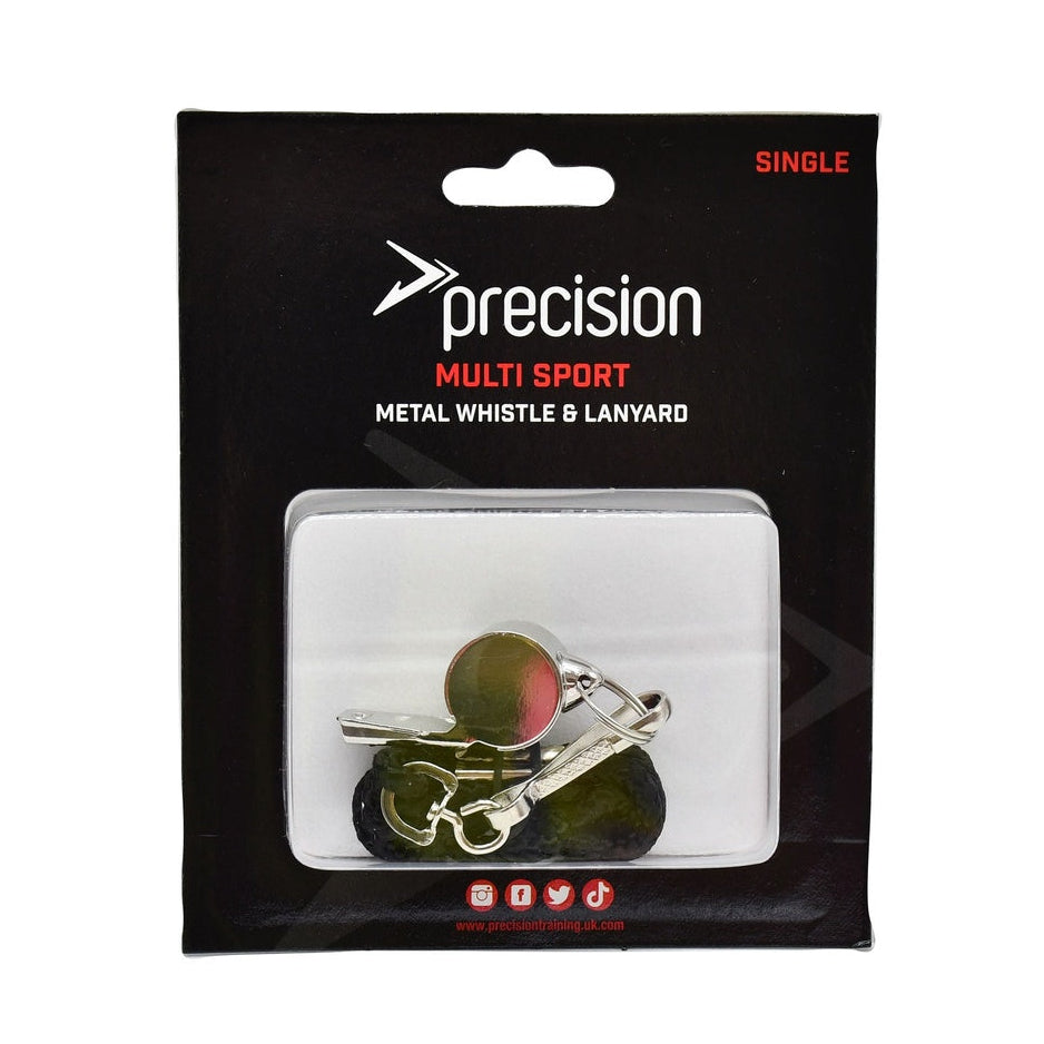 Packaged metal whistle and lanyard with 'precision' branding on a white background
