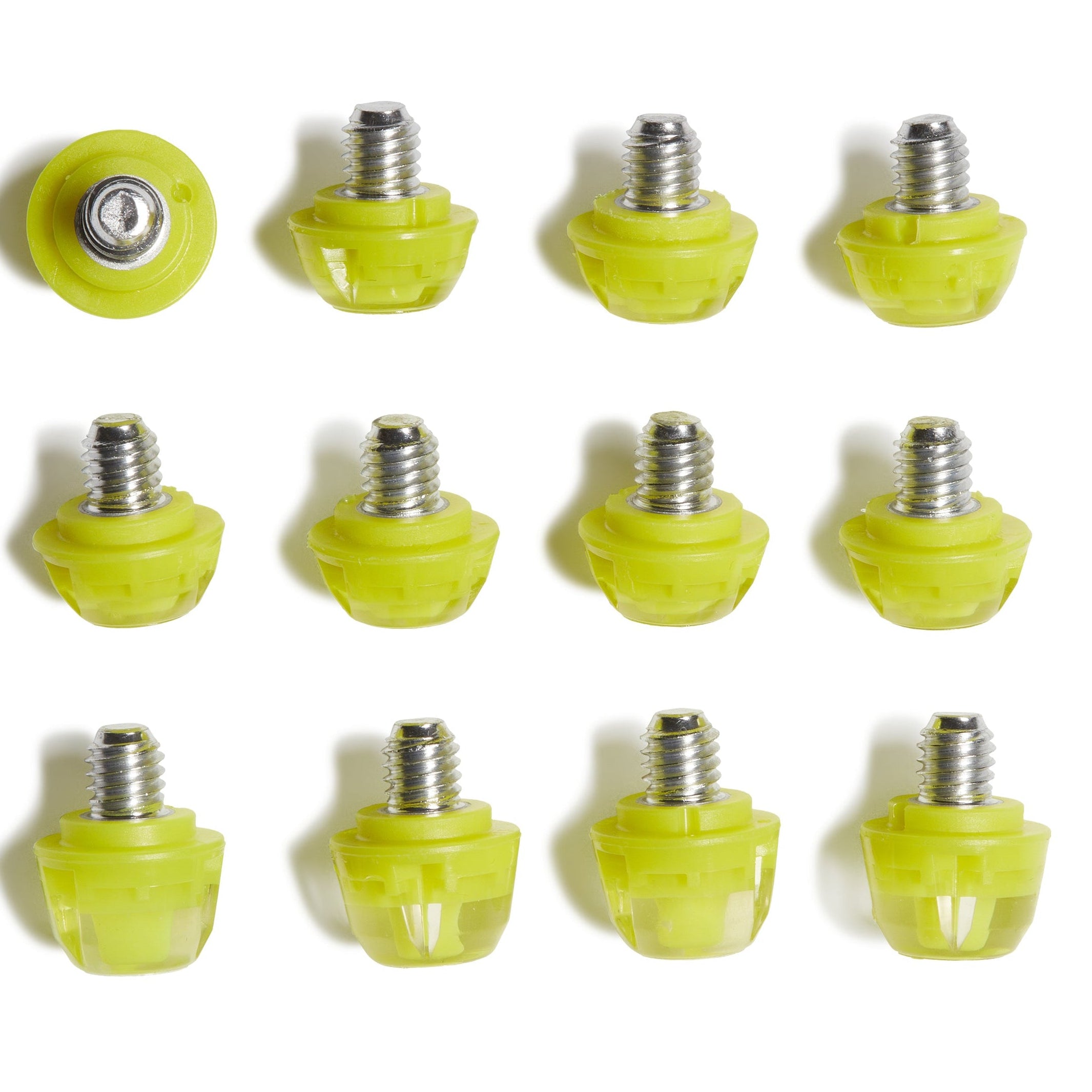 Twelve small translucent yellow-green plastic hardware pieces with silver metal threaded inserts, arranged in a grid on a white background. One piece at the top left is shown from the side to reveal the threaded core.