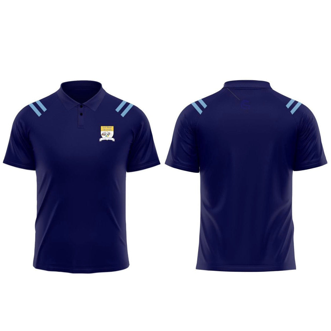 Front and back views of a navy blue short-sleeve polo shirt with light blue shoulder stripes and a small crest logo on the chest, shown on a white background with text labels.