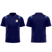 Front and back views of a navy blue short-sleeve polo shirt with light blue shoulder stripes and a small crest logo on the chest, shown on a white background with text labels.