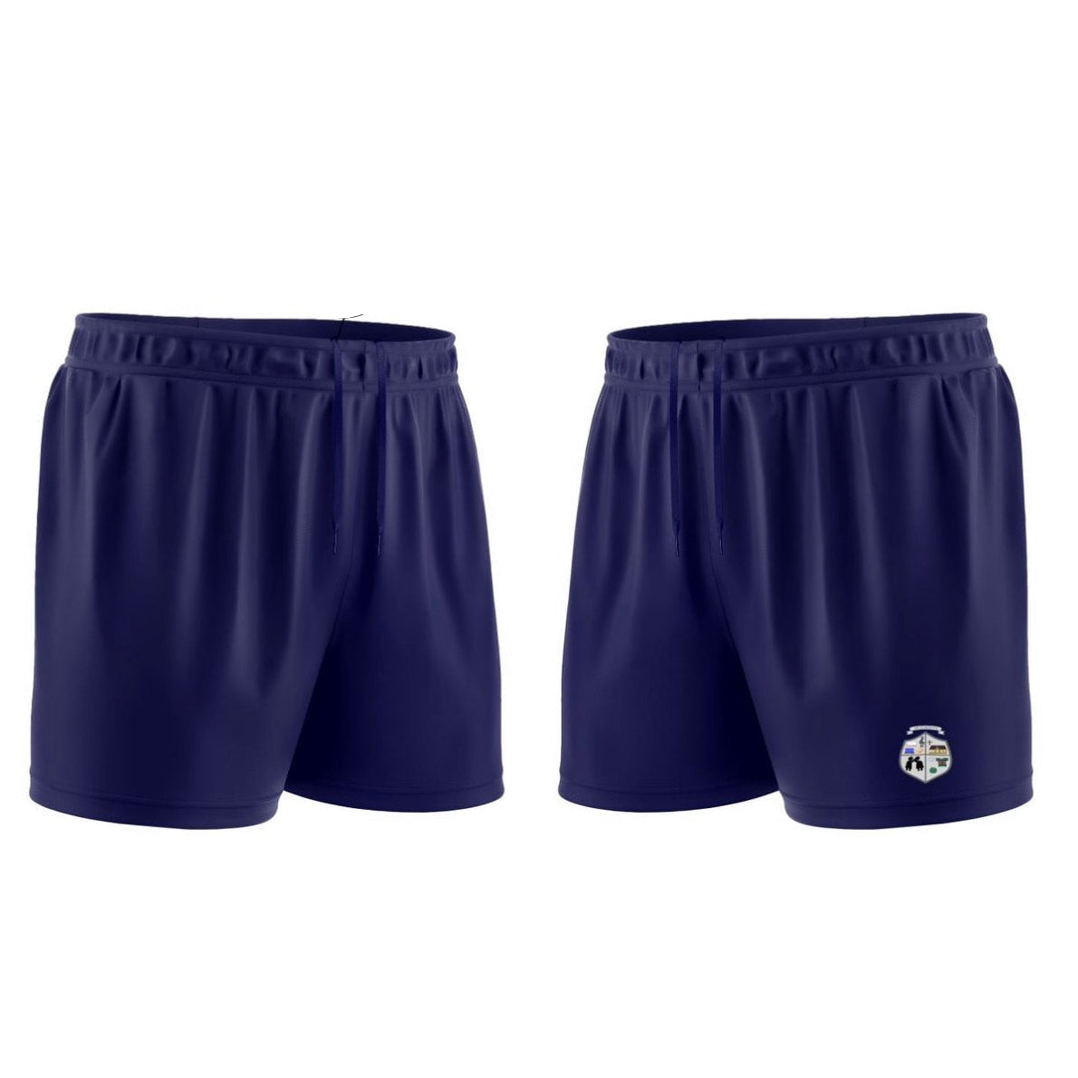 Navy blue athletic shorts shown from the front and side on a white background, with text indicating 'Navy Drawcords' and 'No Pockets'. A Mullagh National School logo is visible on the lower right hem.