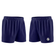 Navy blue athletic shorts shown from the front and side on a white background, with text indicating 'Navy Drawcords' and 'No Pockets'. A Mullagh National School logo is visible on the lower right hem.