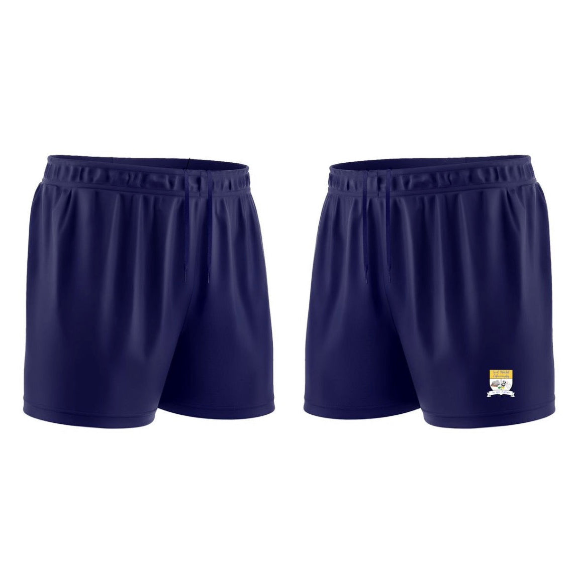 Navy blue athletic shorts shown from the front and back on a white background, with text indicating 'Navy Drawcords' and 'No Pockets'. A small school crest is visible on the lower left leg.