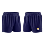 Navy blue athletic shorts shown from the front and back on a white background, with text indicating 'Navy Drawcords' and 'No Pockets'. A small school crest is visible on the lower left leg.