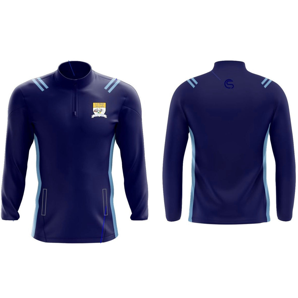 Front and back views of a navy blue long-sleeve athletic quarter-zip top with light blue side stripes and shoulder details, annotated with callouts such as zip covers, sky stripes, logo location, thumbhole, bone pocket, folder, and drawcord stopper on a white background.