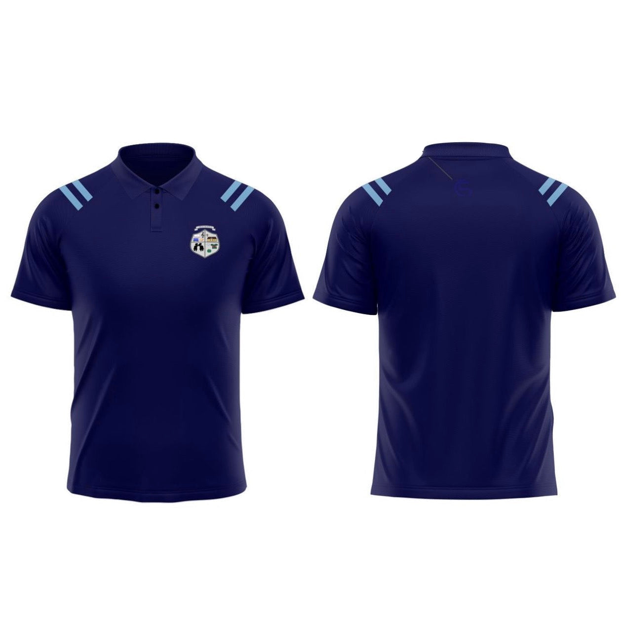 Front and back views of a navy blue short-sleeve polo shirt with light blue shoulder stripes and a small crest logo on the chest, shown on a white background with text labels.