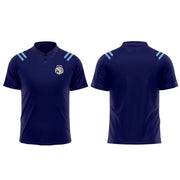 Front and back views of a navy blue short-sleeve polo shirt with light blue shoulder stripes and a small crest logo on the chest, shown on a white background with text labels.