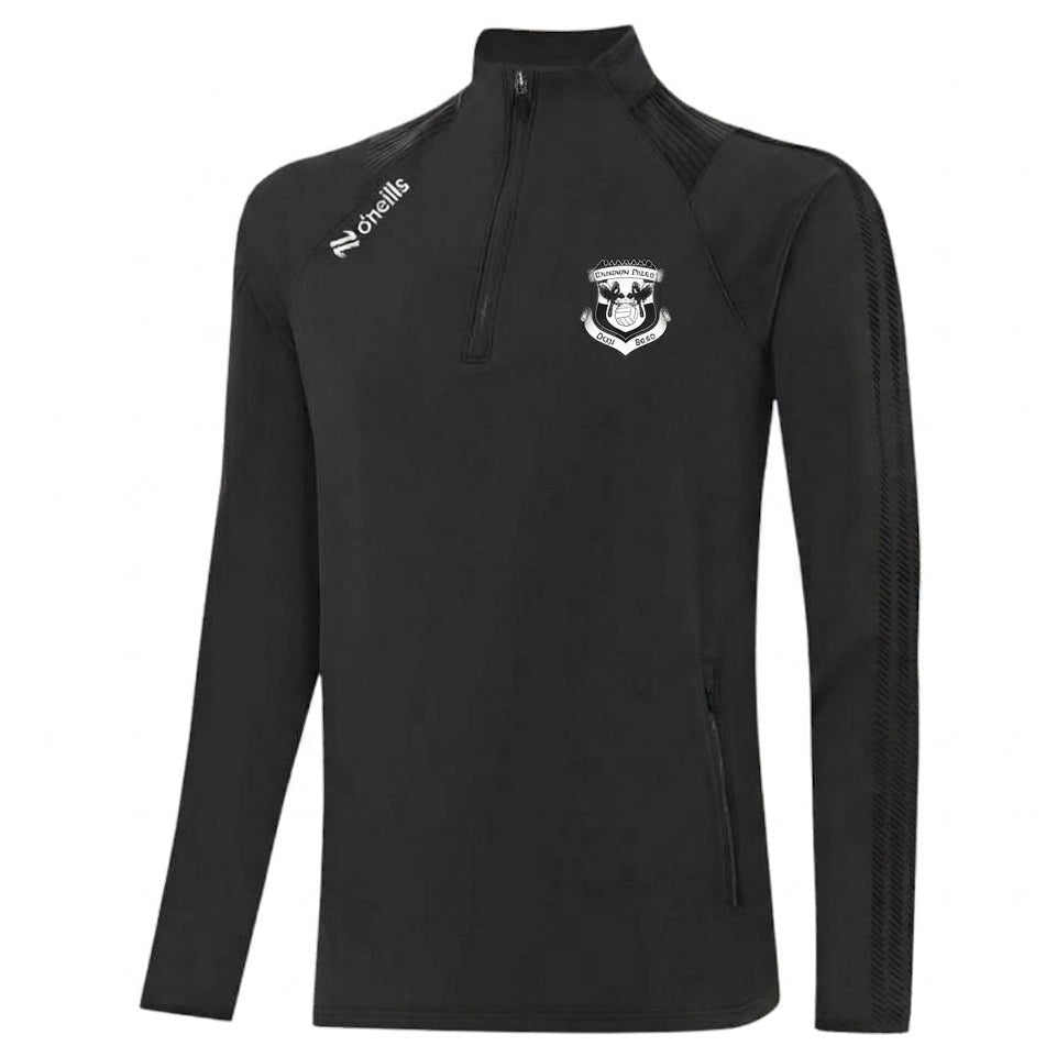 A black long-sleeve athletic quarter-zip pullover with a white O'neills logo on the left chest, displayed on a clean white background.