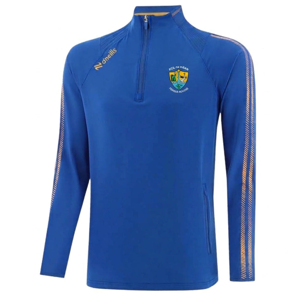 A royal blue long-sleeve athletic quarter-zip pullover jacket with a half-zip collar, featuring a gold and green Kilmarnock Football Club crest on the left chest and a gold brand logo on the right chest, displayed on a clean white background.