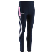 Black leggings with white stripes and a pink patch on a light gray background