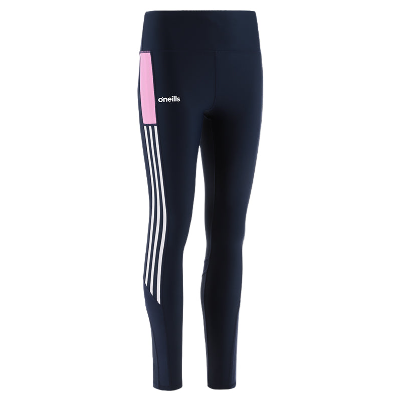 Black leggings with white stripes and a pink patch on a light gray background