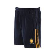 Navy shorts with yellow stripes and logo on a white background