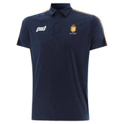 Navy blue polo shirt with branding on a white background
