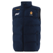 Navy puffer vest with logos on a light gray background