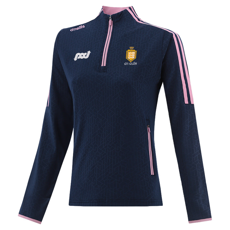 Navy long-sleeve athletic jacket with pink accents on a light gray background
