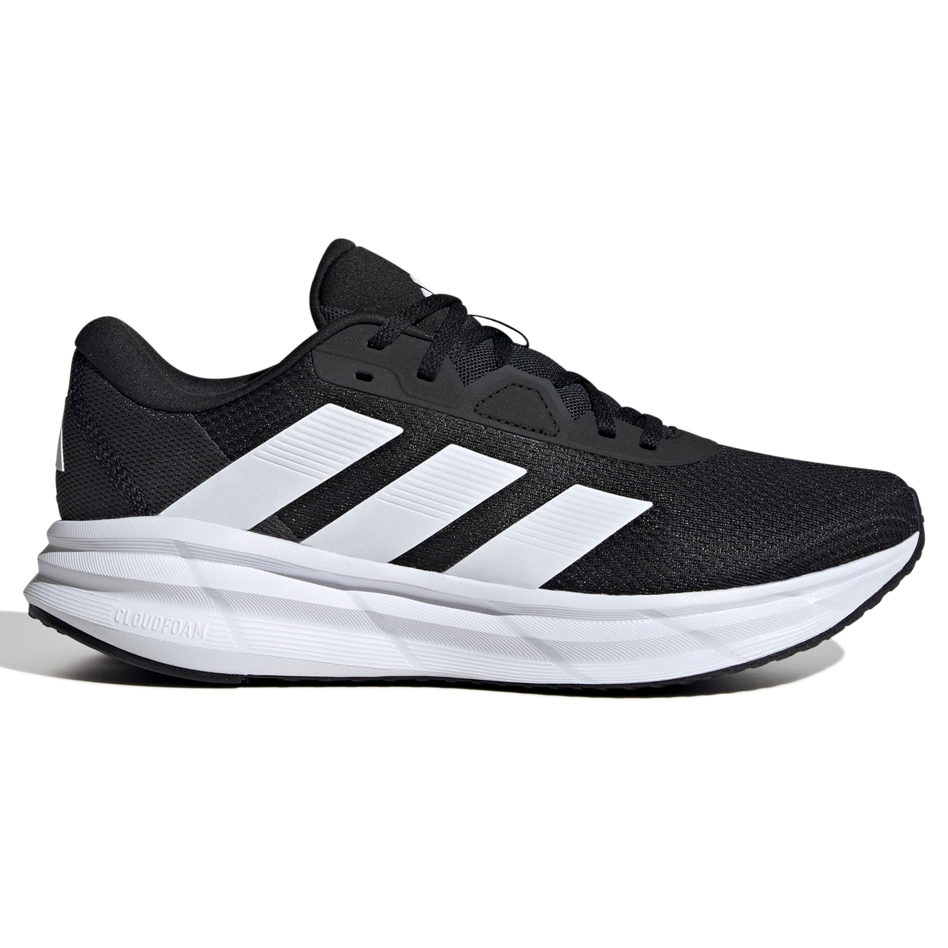 Black and white running shoe with Adidas logo on a white background