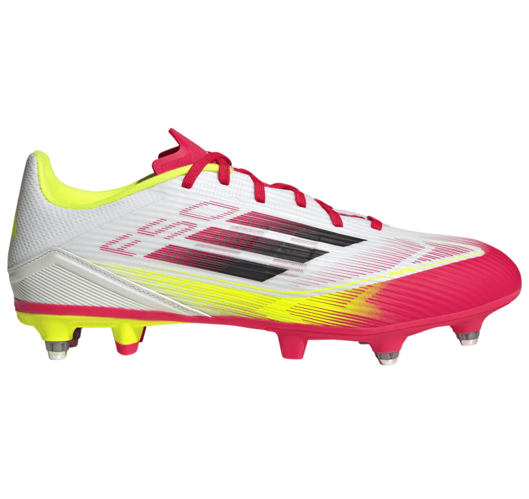 White soccer cleat with pink and yellow accents on a white background