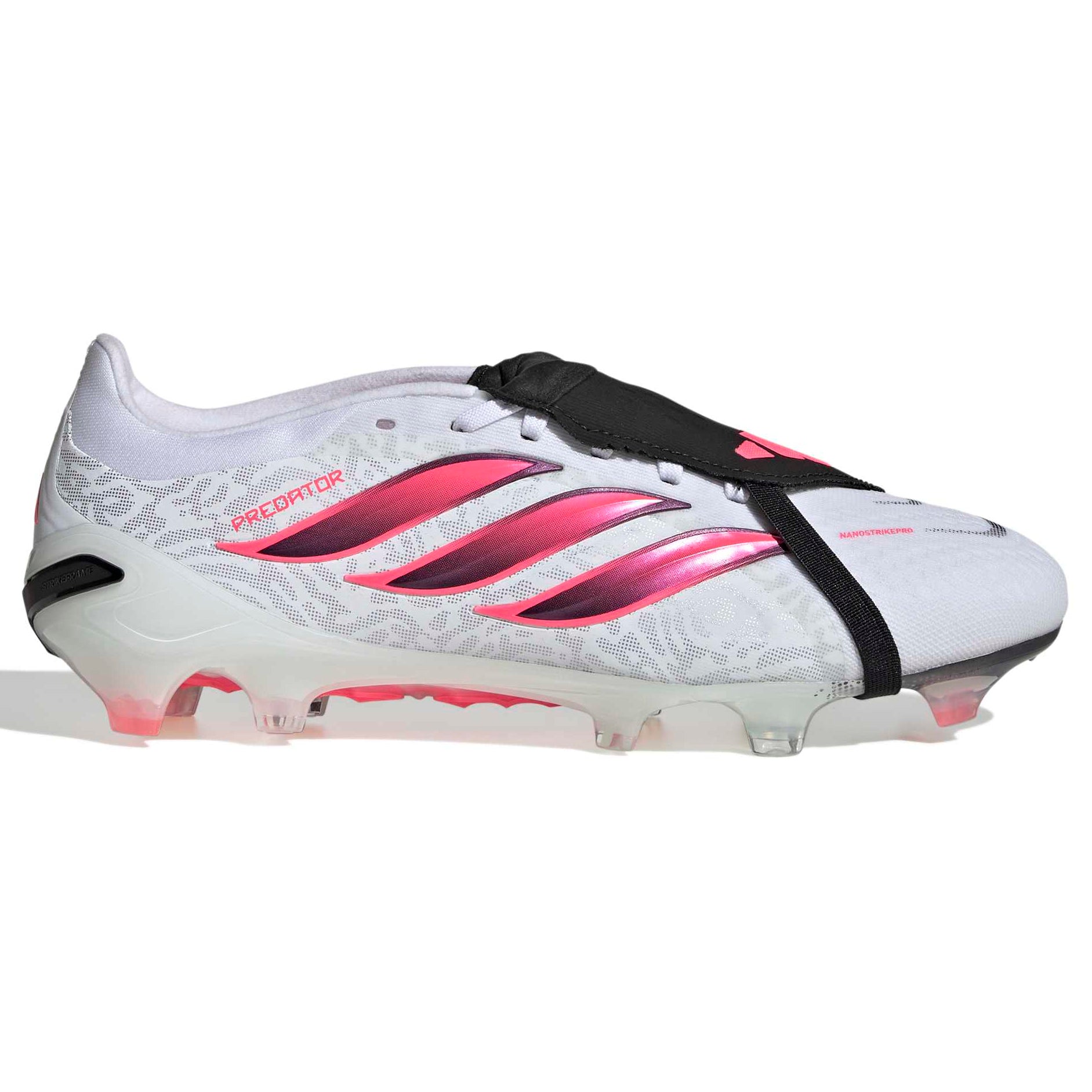 A white Adidas soccer cleat with pink and black accents, featuring the Adidas three-stripes design and a black elastic band across the instep, shown against a plain white background.