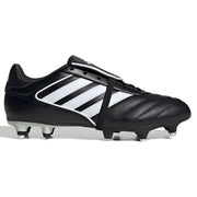 Black and white soccer cleat with Adidas logo on a white background
