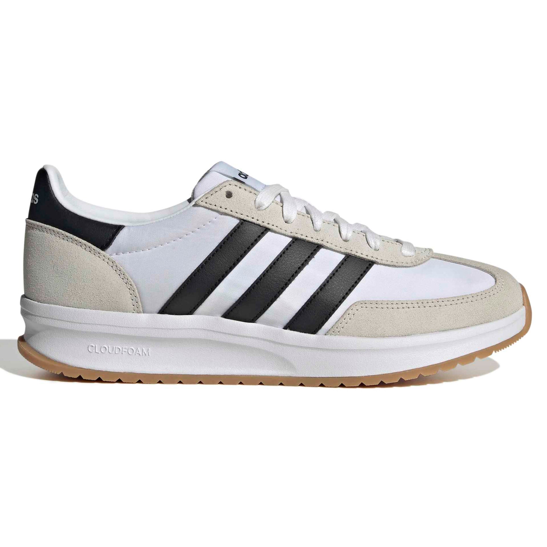 White Adidas sneaker with black stripes on a white background