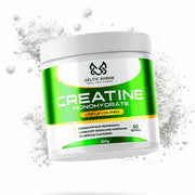 A white plastic tub of Celtic Surge Creatine Monohydrate powder, shown floating with white powder particles exploding around it against a solid white background.