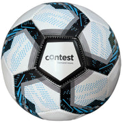 A white soccer ball with black and blue geometric patterns and a central black hexagonal panel featuring the 'contest' logo, isolated on a white background.