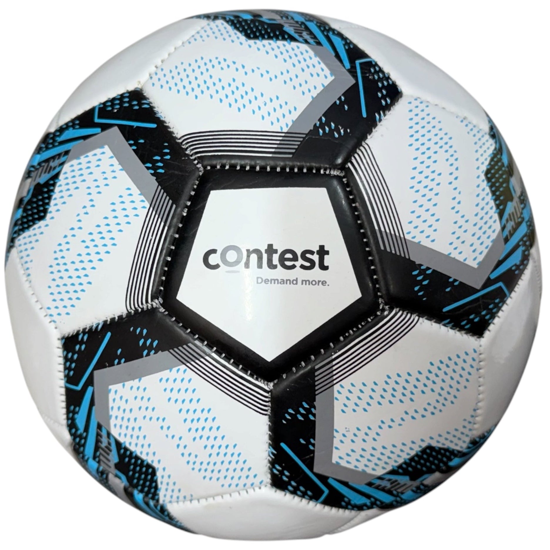 A white soccer ball with black and blue geometric patterns and a central black hexagonal panel featuring the 'contest' logo, isolated on a white background.