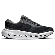 A black and dark gray running shoe with a thick white cushioned sole, shown from the side on a white background.