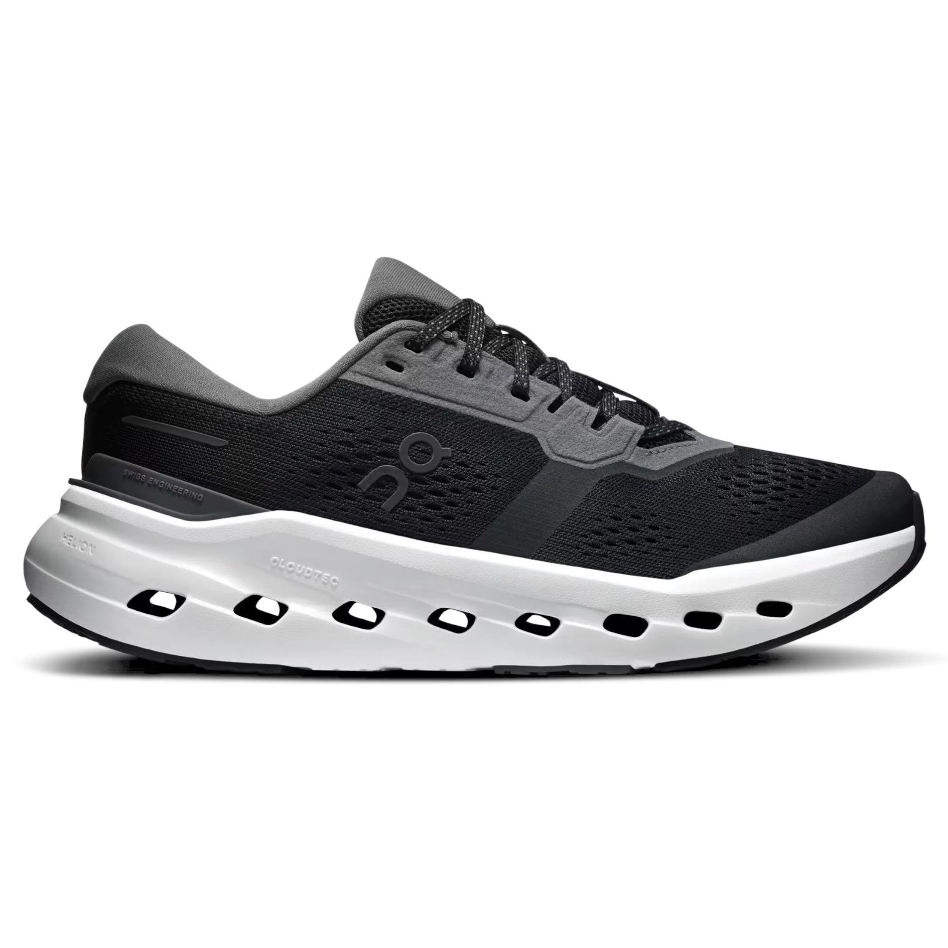 A black and dark gray running shoe with a thick white cushioned sole, shown from the side on a white background.