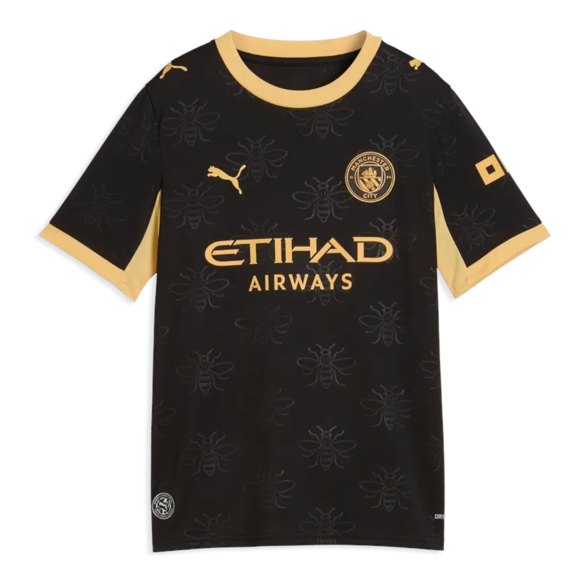 A black short-sleeve soccer jersey with gold trim, featuring the Puma logo, Manchester City crest, and Etihad Airways sponsor on the front, set against a plain white background.