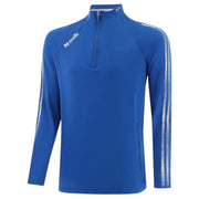 A royal blue long-sleeve athletic quarter-zip pullover with white diagonal stripe details on the sleeves and a white 'Dri-FIT' logo on the left chest, shown against a plain white background.