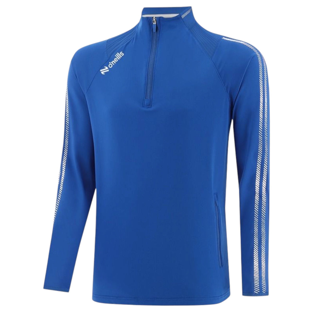 A royal blue long-sleeve athletic quarter-zip pullover with white diagonal stripe details on the sleeves and a white 'Dri-FIT' logo on the left chest, shown against a plain white background.