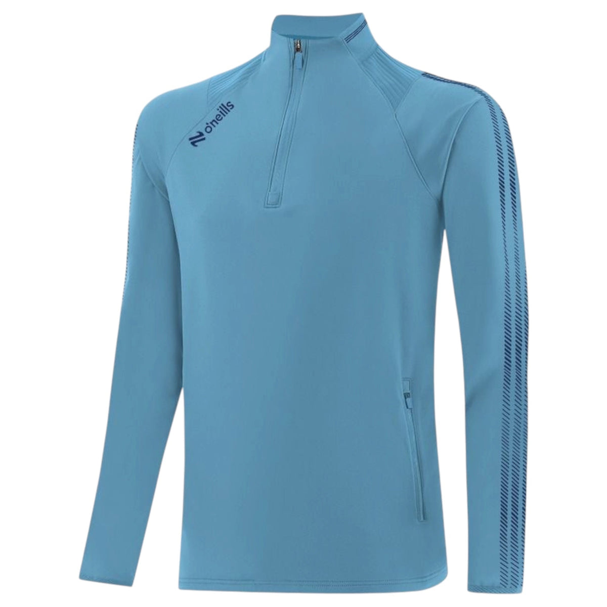 A light blue long-sleeve athletic quarter-zip pullover with a zippered chest pocket and a dark blue Onellis logo on the left chest, displayed on a clean white background.