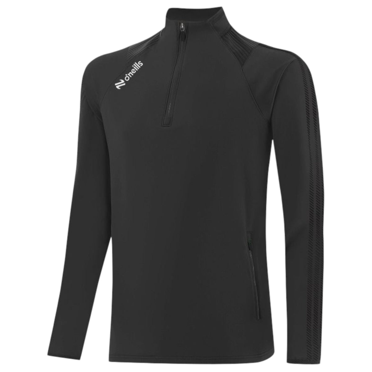 A black long-sleeve athletic quarter-zip pullover with a white O'neills logo on the left chest, displayed on a clean white background.