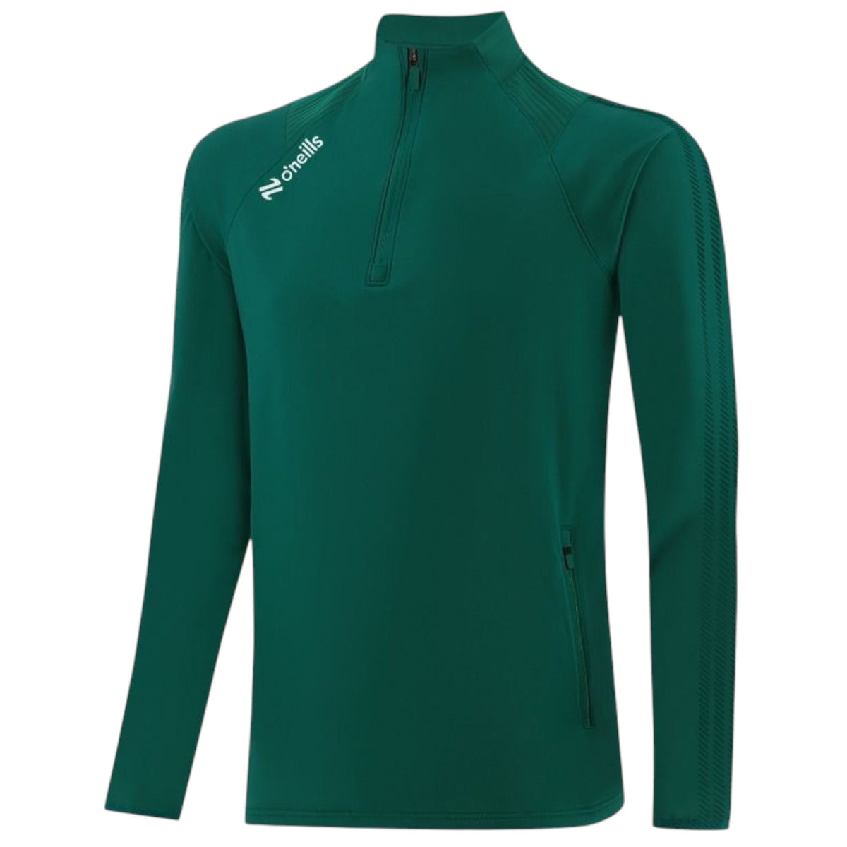 A dark green long-sleeve athletic quarter-zip pullover with a white O'neills logo on the left chest, displayed on a clean white background.