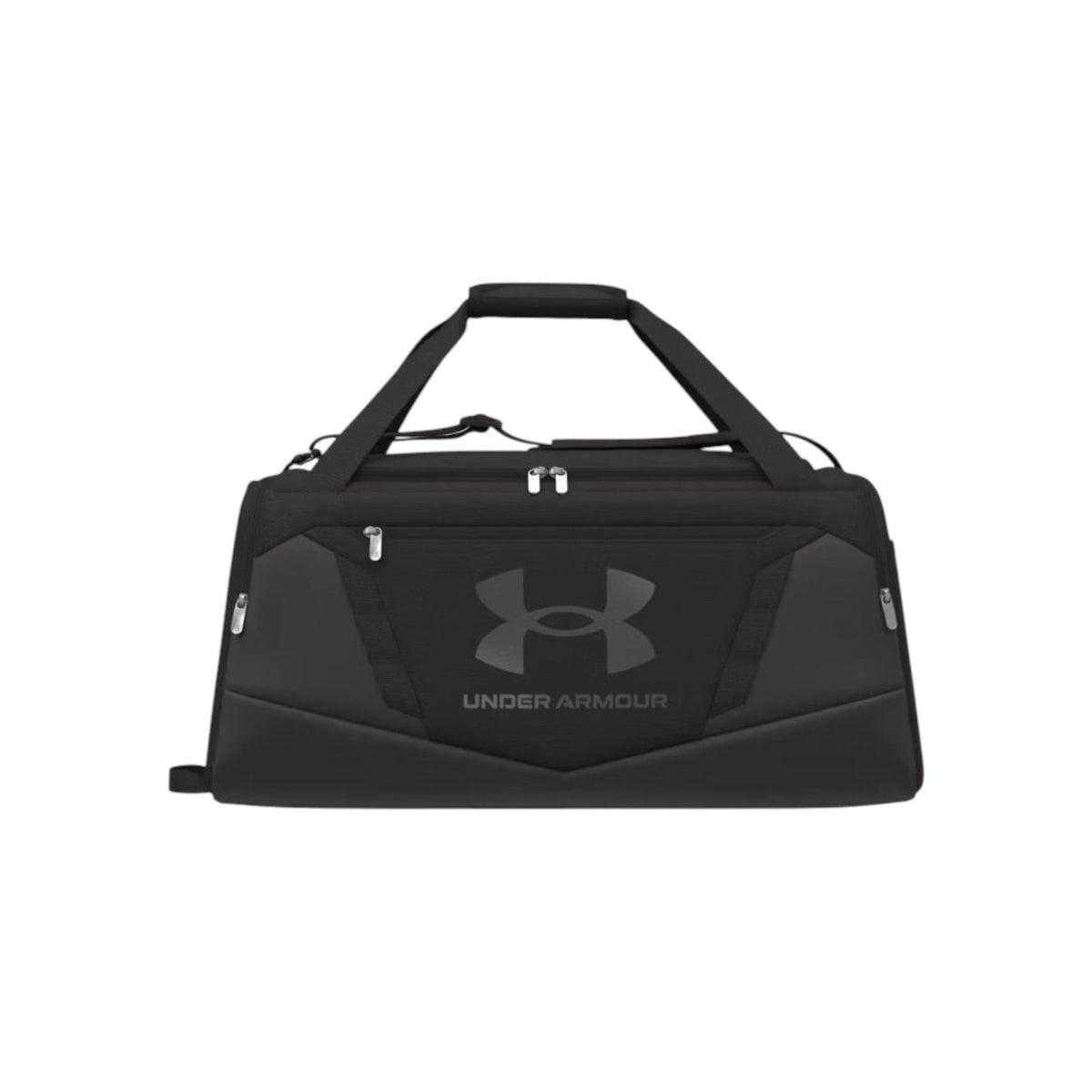A black Under Armour duffel bag with a large gray logo on the front, featuring dual top handles, zippered compartments, and a shoulder strap, shown against a plain white background.