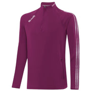 A women's long-sleeve athletic quarter-zip pullover in a deep magenta-purple color, featuring white Zonells branding on the left chest and white textured stripes down the sleeves, shown on a plain white background.