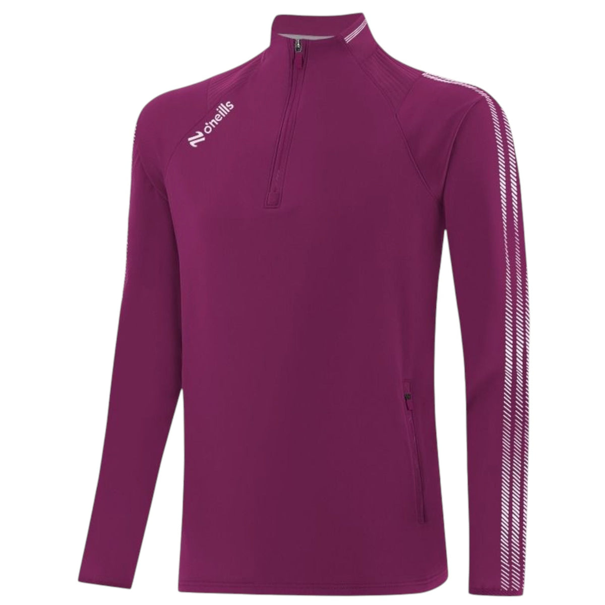A women's long-sleeve athletic quarter-zip pullover in a deep magenta-purple color, featuring white Zonells branding on the left chest and white textured stripes down the sleeves, shown on a plain white background.