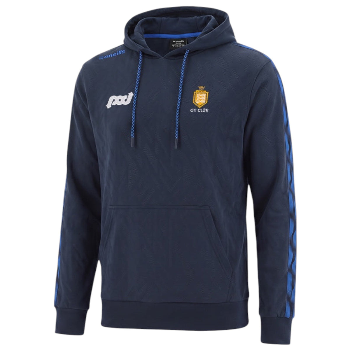 A navy blue pullover hoodie with blue drawstrings, featuring a white 'pod' logo on the left chest, a gold and white 'COT. CLUB' crest on the right chest, and blue patterned stripes down the sleeves, shown against a plain white background.