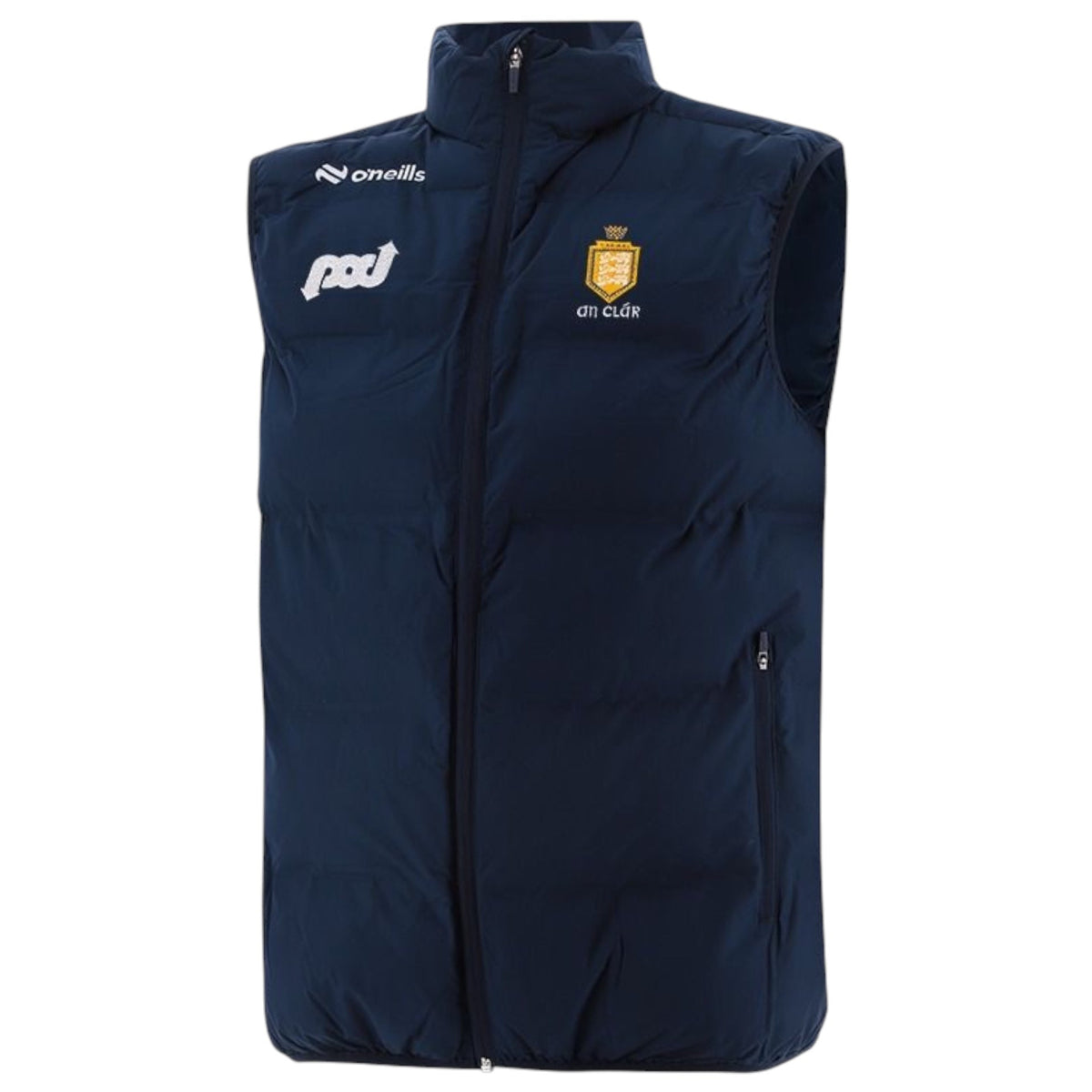 A navy blue sleeveless puffer vest with a full front zipper, featuring white logos for O'Neill and PDL on the chest, and a gold and white club crest on the left chest, displayed against a solid white background.