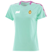 A mint green short-sleeve soccer jersey with pink trim on the collar and shoulders, featuring the white 'fad' logo on the right chest and the Olympique de Marseille crest on the left chest.